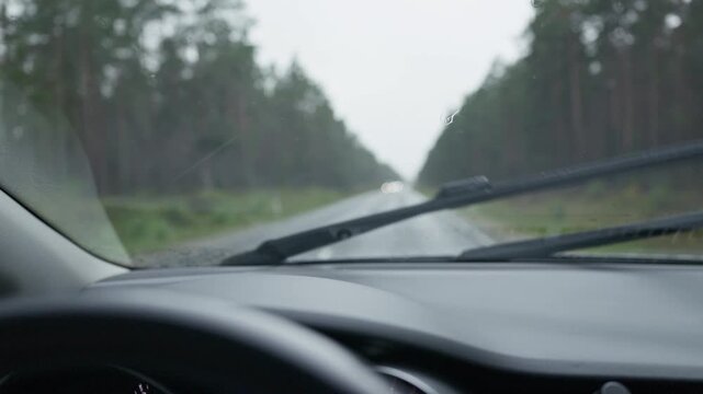 Rainy windshield view from moving car on forest road with blurred trees and wiper motion