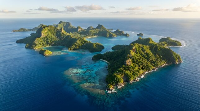 Aerial drone shot of dense green tropical island cluster surrounded by deep blue ocean and shallow reefs with ocean water island group tropical environment remote islan