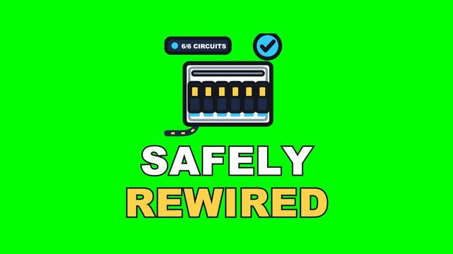 4K green screen SAFELY REWIRED animated text - the charge throwing every breaker up the busbar, kinetic typography trade services overlay for home repair content and social media, chroma key