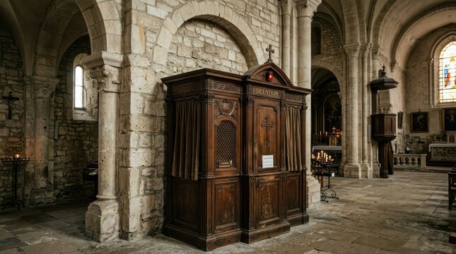 Interior of an old church with a wooden confessional booth.
