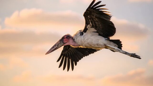 marabou stork flying close up at morning light in east africa savanna video