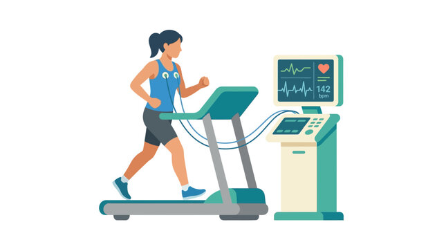 Woman running on treadmill with heart monitor, medical test