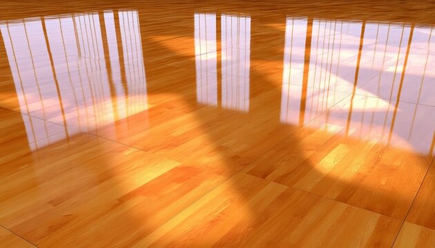 Polished Hardwood Floor Texture Background with Soft Reflected Sunlight and Interior Window Detail
