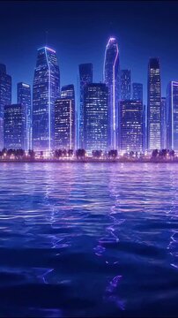Nighttime cityscape with illuminated skyscrapers and modern glass towers reflected in calm water with light trails from moving boats