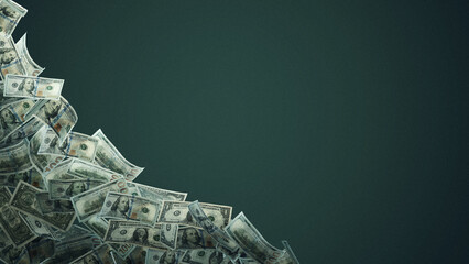 Money currency dollar arranged in a wave pattern on a dark background