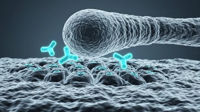 Neuromuscular junction with one nerve ending positioned above a muscle cell surface, a few identical antibody molecules slowly approaching the receptor area