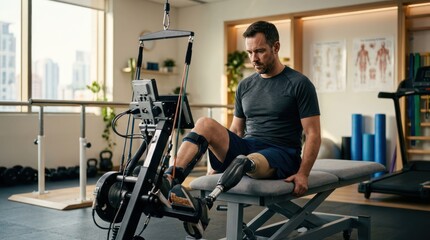 Obraz premium Man with Prosthetic Leg Undergoing Physical Therapy in Rehabilitation Center.