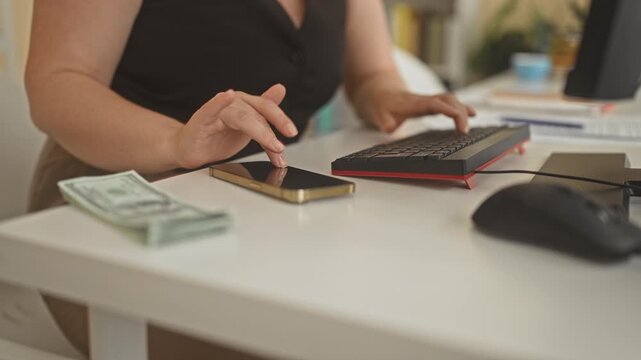 Woman tapping smartphone with finger beside a stack of dollars and keyboard on desk in building; financial concentration.