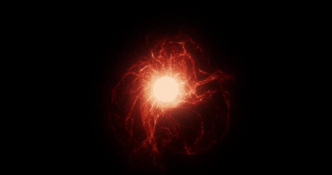 A raging stellar core hurls hot glowing plasma threads into a vast pitch-black backdrop. Radiant energy particles discharge continuously in a violent space explosion.