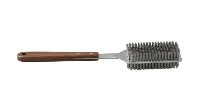 Long-handled barbecue grill brush featuring a sturdy wooden grip and dense metal bristles is displayed horizontally against a clean white background.