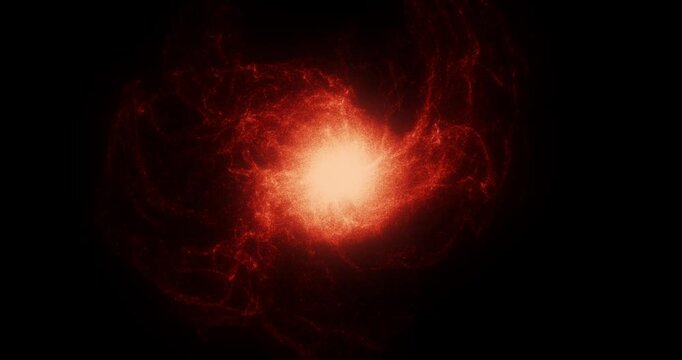 An intense red star explodes in slow motion, spewing glowing matter into dark vacuum. Fiery energetic tendrils swirl outward as a turbulent cosmic storm.