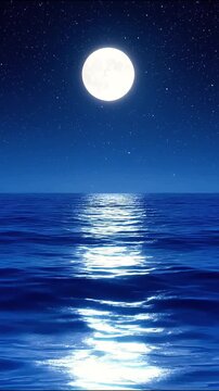Full moon rising over calm ocean waves under clear night sky with starry reflections on water surface moonlight reflection calm sea