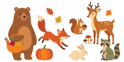 Obraz premium Autumn woodland animals clipart set with bear, fox, deer, squirrel, rabbit and raccoon.