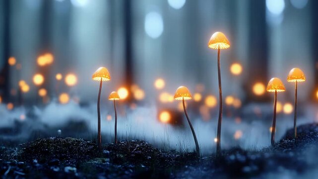 Enchanted forest with glowing mushrooms in misty twilight