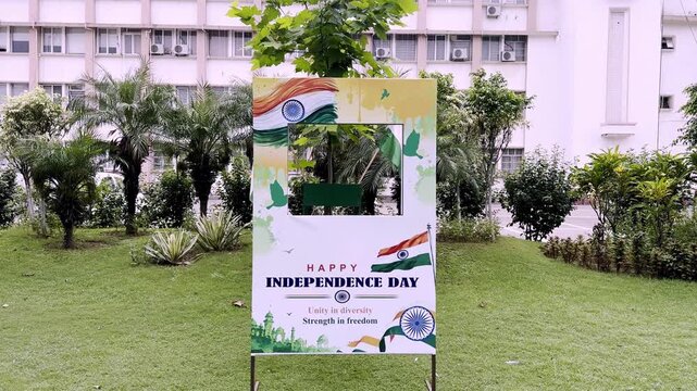 India Independence Day Celebration Standee Displayed in Green City Garden with Tricolor Decorations, Patriotic Design and Festive Outdoor Setting