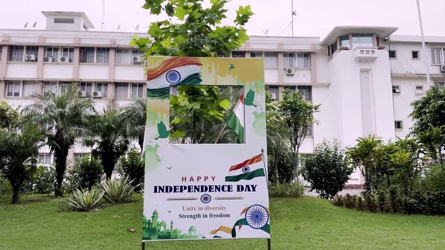 India Independence Day Celebration Standee Displayed in Green City Garden with Tricolor Decorations, Patriotic Design and Festive Outdoor Setting
