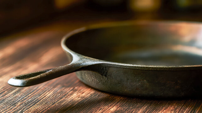 Seasoned cast iron skillet resting on a wooden table in warm directional light