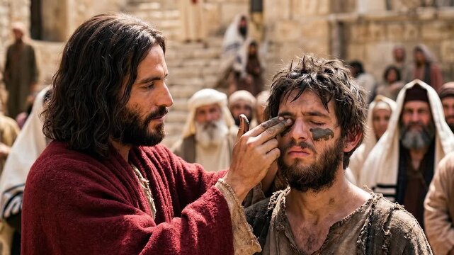 jesus christ gently applying healing mud to the eyes of a blind man surrounded by an observing crowd in an ancient stone village during a powerful biblical miracle scene