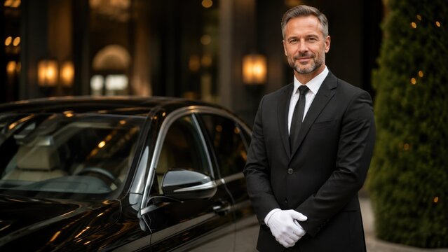 Professional Chauffeur in Formal Suit and White Gloves Standing Beside Luxury Black Car