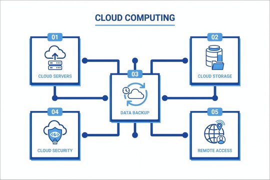 Cloud computing infographic with data backup and network security icons