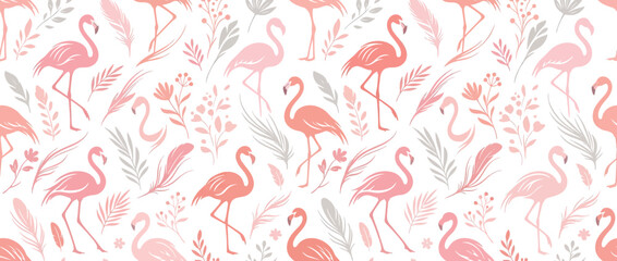 Fototapeta premium Pink Flamingoes and Feathers Seamless Pattern
