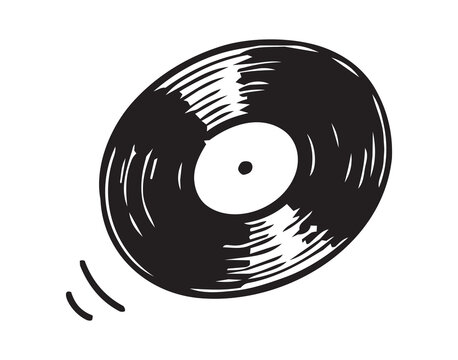 Hand drawn black ink spinning vinyl record with bold doodle linework and motion marks, close up music artwork in retro monochrome style for print, design, and creative layouts