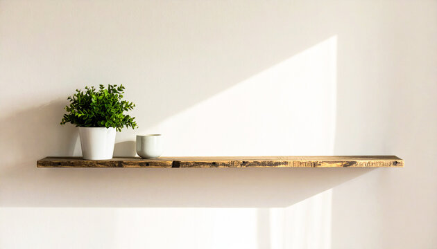 Long floating shelf made from reclaimed wood in bright minimalist interior
古材を再利用したロングシェルフのある明るいミニマルインテリア