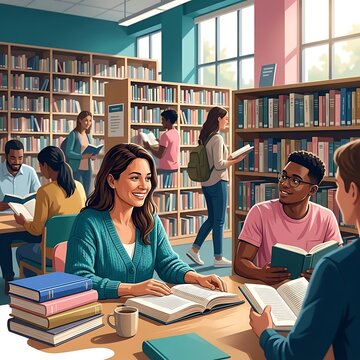 Diverse group of university students studying together in a modern library.
