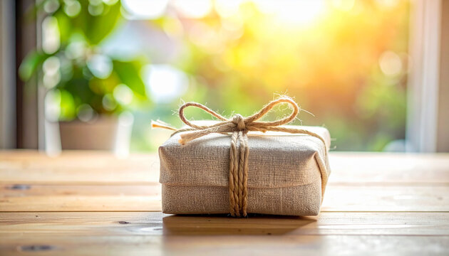 Eco friendly gift wrapped in recycled paper and natural twine on wooden table
再利用した紙と麻ひもで包んだ自然光のサステナブルギフト