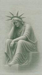 Fototapeta premium Monochromatic topographic illustration depicts the Statue of Liberty in a seated, contemplative pose created with wavy horizontal lines.