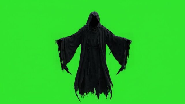Faceless hooded phantom wraith 4k green screen horror for halloween. 