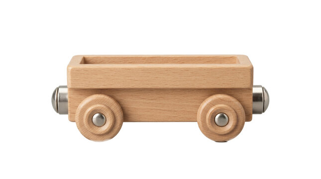 Miniature wooden railway carriage with magnetic connectors and four wheels is isolated on a white background.