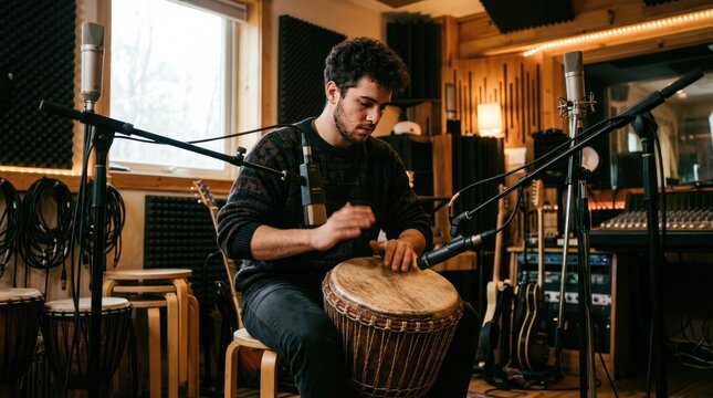 Musician playing djembe drum in a recording studio with microphones and instruments.