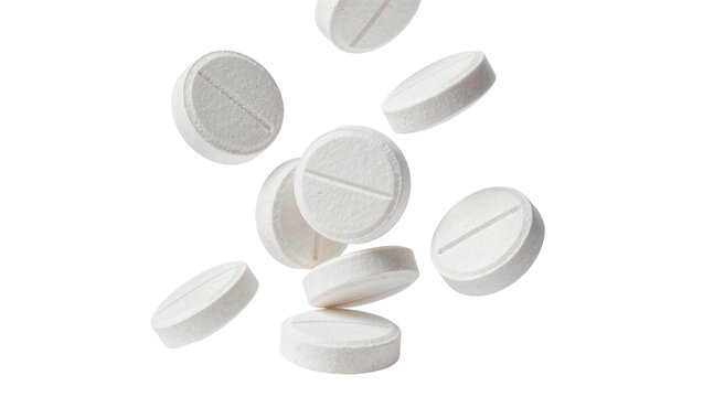 Several white round pills with a dividing line, isolated on transparent background