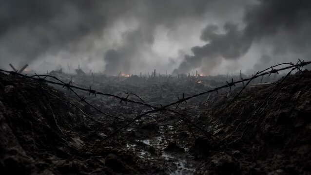 Desolate Landscape with Barbed Wire and Smoke Rising from Ruins Under Dark Clouds