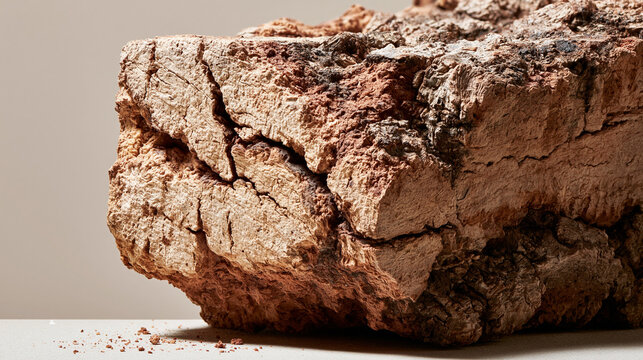 A rough textured cork block rests on a light surface.