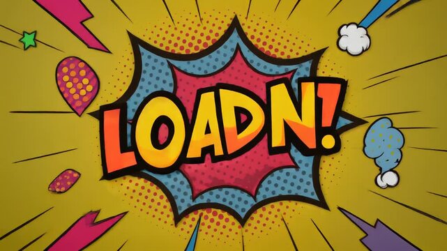 pop art stop motion with animated text LOADN on yellow background