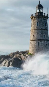 Tall stone lighthouse standing on rugged coastal cliffs with crashing waves and overcast sky ocean lighthouse tall tower coastal defense