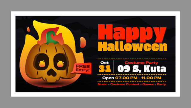 Modern halloween banner with pumpkin or jack o latern that on fire with gradient color of red and yellow. Banner halloween greeting or party invitation. Halloween costume party vector illustration.