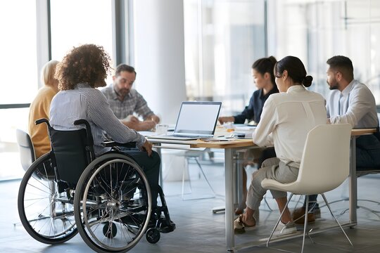 Inklusives Business Team mit Rollstuhlfahrerin bei Besprechung im modernen B&uuml;ro