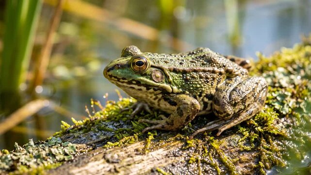 marsh frog close up at sunlight in european wetlands video