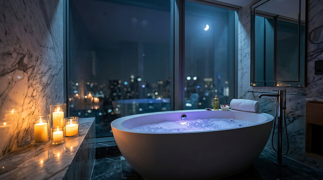 Luxurious bathroom with soaking tub and panoramic city skyline view at night