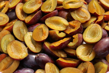 Obraz premium Plum halves ready for preservation in a bustling kitchen during summer preparations