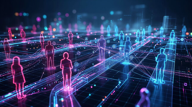 Abstract digital network connecting glowing human avatars in a futuristic city