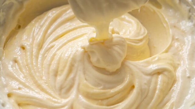 Slow motion close up of cake batter pouring and swirling in mixing bowl on kitchen countertop during morning prep with warm neutral lighting and creamy pale yellow texture