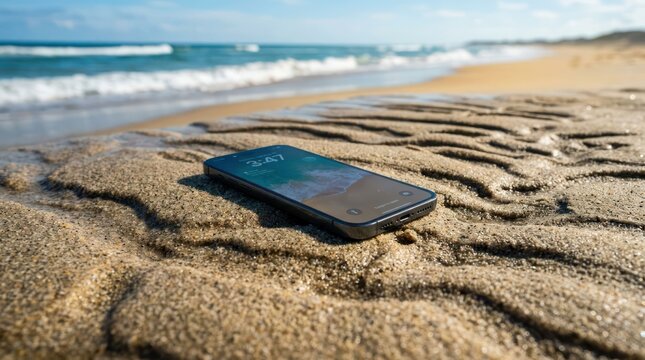 Smartphone Left on Sandy Beach Near Ocean Waves.