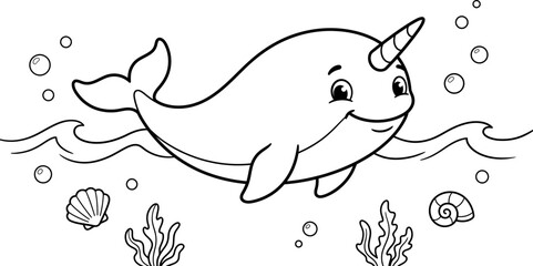 Cute narwhal swimming in the deep ocean surrounded by small bubbles and sea plants © Riduana