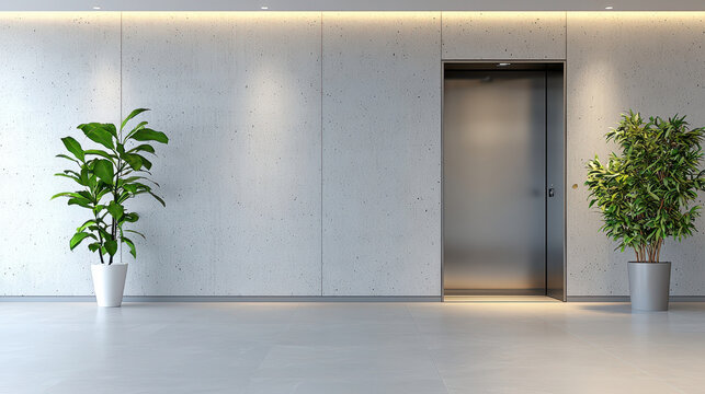 Modern elevator entrance in sleek industrial space features concrete walls, potted plants, and polished floor, creating welcoming atmosphere