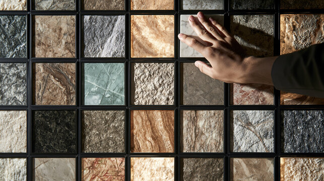 A hand touches a marble tile sample on a showroom wall.