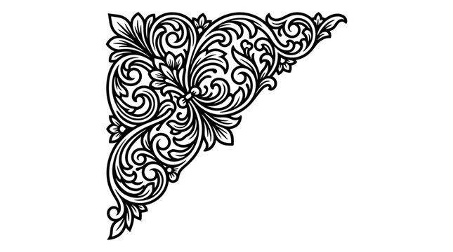 Isolated black filigree lace ornament in woodcut style linework for a frame corner, intricate swirling floral pattern, elegant decorative element